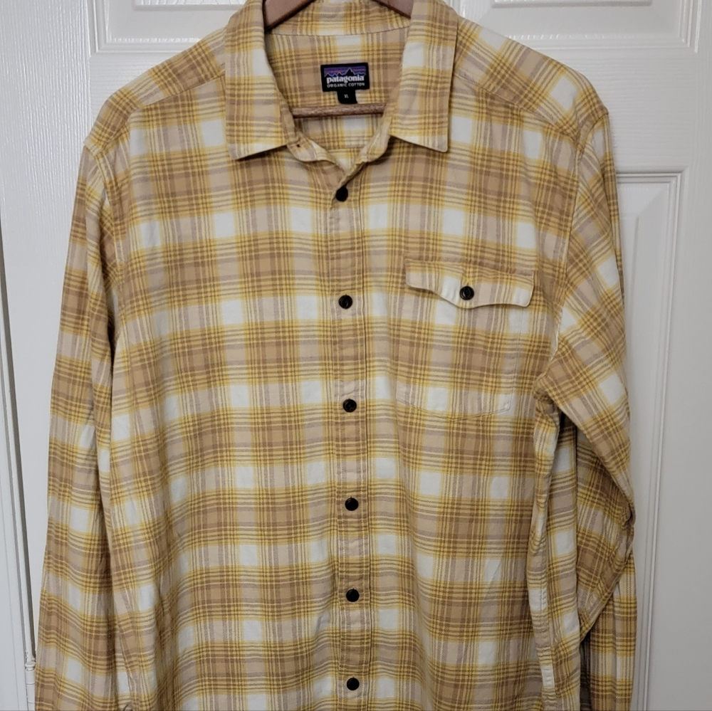 Patagonia Flannel Organic Cotton Plaid Button Down Brown +Yellow Men’s Size XL